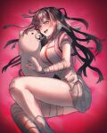  1girl :d apron bandaged_leg bandages bandaid bandaid_on_knee bandaid_on_leg black_hair blush breasts danganronpa_(series) danganronpa_2:_goodbye_despair doll_hug highres kaminezu large_breasts long_hair lying miniskirt mole mole_under_eye monokuma object_hug on_side open_mouth pink_eyes pink_shirt pleated_skirt puffy_short_sleeves puffy_sleeves red_background shirt short_sleeves skirt smile tsumiki_mikan 