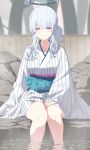  1girl absurdres bath_yukata blue_archive closed_eyes collarbone facing_viewer feet_out_of_frame grey_hair halo highres japanese_clothes kimono long_hair long_sleeves mechanical_halo noa_(blue_archive) obi onsen open_mouth reia_76 sash smile solo water white_kimono wide_sleeves yukata 