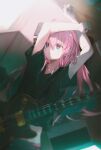  1girl black_shirt blue_eyes blurry bocchi_the_rock! closed_mouth cube_hair_ornament depth_of_field electric_guitar gotoh_hitori guitar hair_between_eyes hair_ornament highres instrument long_hair makihitsuji one_side_up pink_hair shirt short_sleeves solo upper_body 