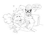  2022 anthro bed black_and_white blush canid canine canis claws crossover cuddling dialogue duo english_text eyes_closed female fingers furniture ghoul_school hand_behind_head hanna-barbera hi_res human male male/female mammal marvel mask mhdrawin monochrome on_bed scooby-doo_(series) smile spider-man_(character) spider-man_(series) text were werecanid werecanine werewolf winnie_werewolf_(ghoul_school) wolf 