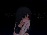  1girl aratagawa_nikei bandaged_arm bandages bare_shoulders black_camisole black_eyes black_hair blush breasts camisole choker city_lights dark_background head_rest kirishima_sagiri long_hair looking_to_the_side medium_breasts messy_hair night solo ukagaka upper_body 