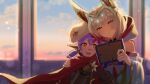  2girls animal_ears beret cape flower grey_hair hand_on_another&#039;s_shoulder hat highres hood kyosuke1413koba low_twintails multiple_girls nia_(xenoblade) orange_eyes picture_frame poppi_(xenoblade) poppi_alpha_(xenoblade) purple_hair smile twilight twintails xenoblade_chronicles_(series) xenoblade_chronicles_3 yellow_eyes 