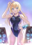  1girl ahoge black_one-piece_swimsuit blonde_hair blue_eyes blue_hair card commentary_request commission competition_swimsuit contrapposto covered_navel cowboy_shot earrings highleg highleg_swimsuit highres jewelry long_bangs long_hair looking_at_viewer multicolored_hair nikulas_cage one-piece_swimsuit pixiv_commission shadowverse_flame solo streaked_hair swimsuit takanashi_tsubasa_(shadowverse_flame) 
