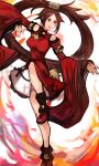  1girl bare_shoulders boots breasts brown_eyes brown_hair china_dress chinese_clothes dress fire guilty_gear guilty_gear_xrd hanfu highres kuradoberi_jam levvellevvel long_hair long_sleeves open_mouth red_dress red_footwear simple_background solo standing standing_on_one_leg v-shaped_eyebrows very_long_hair white_background wide_sleeves 