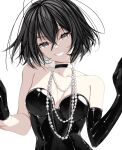  1girl absurdres bare_shoulders black_choker black_eyes black_gloves black_hair breasts choker cleavage collarbone gloves highres jewelry looking_at_viewer medium_breasts misteor necklace original short_hair smile solo teeth white_background 