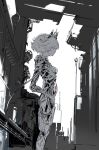  1girl android breasts expressionless feet_out_of_frame greyscale hands_on_own_hips headgear jnt joints looking_ahead mecha mechanical_parts medium_hair monochrome original robot robot_joints small_breasts solo spot_color standing tiara white_hair 