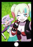  2girls ahegao asatuyu13 blonde_hair blue_eyes blue_eyeshadow bracelet breasts cleavage collarbone dc_comics eyeshadow fingerless_gloves gloves harley_quinn highres isekai_wa_smartphone_to_tomo_ni. jacket jewelry linse_shileska looking_at_viewer low_twintails makeup multicolored_clothes multicolored_hair multiple_girls red_eyeshadow red_lips selfie smile spiked_bracelet spikes suicide_squad suicide_squad_isekai twintails 