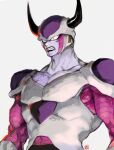  1boy akame_(chokydaum) angry black_horns black_lips clenched_teeth collarbone dragon_ball dragon_ball_z frieza horns large_pectorals muscular muscular_male pectorals red_eyes signature simple_background solo teeth 