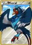  absurd_res avian avian_feet beak blue_body feathered_crest feathered_wings feathers female feral flying generation_3_pokemon head_crest hi_res markings mistral_(gyro) nintendo pokemon pokemon_(species) pokemon_card red_markings shazzykatana solo swellow tail_feathers talons white_body white_markings wings yellow_eyes 