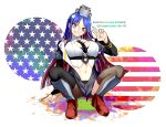  1girl american_flag between_breasts black_jacket black_necktie black_pantyhose black_thighhighs blue_hair breasts character_name crop_top full_body grin headgear jacket kantai_collection large_breasts long_hair long_sleeves looking_at_viewer multicolored_hair navel necktie necktie_between_breasts oso_(toolate) pantyhose red_footwear red_hair shirt simple_background single_leg_pantyhose single_thighhigh sitting smile solo south_dakota_(kancolle) star_(symbol) thighhighs v white_hair white_shirt 