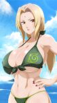  1girl adapted_costume bare_shoulders beach bikini bikini_bottom_only bikini_top_only blonde_hair breasts brown_eyes cleavage covered_nipples cowboy_shot curvy facial_mark fingernails forehead_mark hand_on_own_hip highres huge_breasts konohagakure_symbol large_breasts lipstick low_twintails makeup mature_female midriff nail_polish naruto naruto_(series) naruto_shippuuden nipples outdoors puffy_nipples raised_eyebrows sagging_breasts solo solo_focus swimsuit tsunade_(naruto) twintails wide_hips zorzero 
