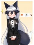  1girl :3 abb2229 alternate_costume bird black_bow black_bowtie black_hair black_jacket black_pants blush bow bowtie breast_pocket cowboy_shot emoji extra_ears fox grey_hair hair_between_eyes highres jacket kemono_friends long_hair long_sleeves multicolored_hair orange_eyes pants penguin pocket shirt sidelocks silver_fox_(kemono_friends) smug solo suit white_shirt 