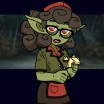  bunny75 clothed clothing eyewear female glasses goblin green_body green_skin helltaker humanoid long_ears not_furry pandemonica_(helltaker) parody_character red_eyes solo waitress_uniform 