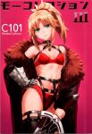  1girl absurdres bare_shoulders blonde_hair bra breasts character_name closed_mouth coat cover fate/apocrypha fate/grand_order fate_(series) fur_trim gauntlets gradient_background green_eyes hair_ornament hair_scrunchie hand_on_hip head_tilt highleg highleg_panties highres holding holding_sword holding_weapon lingerie long_sleeves looking_at_viewer mordred_(fate) mordred_(fate/apocrypha) navel o-ring off_shoulder panties ponytail red_bra red_panties scan scrunchie sidelocks simple_background single_gauntlet small_breasts smile solo stomach sword thighhighs thighs tonee underwear underwear_only weapon 