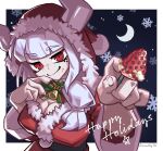  bell belt border bow breasts christmas cleavage crescent demon demon_girl demon_horns donuttypd fluff food fruit hand_up happy_holidays helltaker holding holding_food holding_fruit hood horns icing jingle_bell long_hair looking_at_viewer lucifer_(helltaker) mole moon night outside_border red_eyes red_hood signature smile snowflakes strawberry white_border white_hair white_horns 