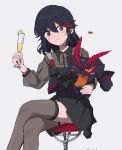  1girl 1other alternate_costume bar_stool black_dress black_hair black_thighhighs cup dress feet_out_of_frame food fruit glass highres holding holding_cup kill_la_kill lime_(fruit) lime_slice looking_at_viewer matoi_ryuuko medium_hair multicolored_hair red_hair see-through see-through_sleeves senketsu sitting stool takatisakana thighhighs 