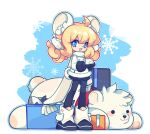  1girl :d ahoge animal animal_ears ankle_boots bear bear_ears black_gloves black_pantyhose black_skirt blonde_hair blue_background blue_eyes boots border box coat curly_hair fading_border fish full_body fur-trimmed_coat fur_trim gloves highres holding holding_animal looking_at_viewer medium_hair miniskirt original pantyhose pleated_skirt polar_bear scarf skirt smile snowflakes standing watermark white_coat white_footwear white_scarf xianyudian_laoban 