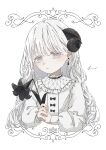  1girl absurdres black_flower black_horns collared_shirt curled_horns earrings expressionless flower frilled_shirt_collar frills highres holding holding_flower horns jewelry long_hair long_sleeves original shirt solo white_background white_eyes white_hair white_shirt yuge_kemuri 