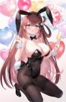  1girl :o animal_ears ayamy ayamy_(vtuber) balloon black_bow black_bowtie black_footwear black_pantyhose blue_eyes blush bow bowtie breasts brown_hair cat_hair_ornament champagne_flute cleavage commentary covered_navel cup detached_collar drinking_glass fake_animal_ears fake_tail fingernails hair_ornament hair_rings hairclip hands_up heart_balloon high_heels highleg highleg_leotard highres holding holding_cup indie_virtual_youtuber kneeling large_breasts leotard long_hair looking_at_viewer looking_back nail_polish pantyhose parted_lips pink_nails playboy_bunny pumps rabbit_ears rabbit_tail single_hair_ring solo strapless strapless_leotard symbol-only_commentary tail thighband_pantyhose very_long_hair virtual_youtuber white_wristband wrist_cuffs x_hair_ornament 