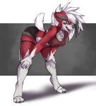  anthro bent_over bottomwear breasts canid choker clothed clothing female fishnet fishnet_clothing fishnet_thigh_highs fishnet_topwear floppy_ears fur generation_7_pokemon hair hi_res hotpants jewelry looking_at_viewer lycanroc mammal midnight_lycanroc mocha-wing necklace nintendo open_mouth pokemon pokemon_(species) punk red_body red_fur sharp-teeth shorts solo topwear white_body white_fur white_hair 