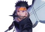  1boy absurdres alternate_costume alternate_universe black_hair dreamsinyoursin forehead_protector from_above goggles heterochromia highres kunai long_sleeves looking_at_viewer male_focus naruto_(series) naruto_shippuuden red_eyes rinnegan sharingan short_hair solo spiked_hair uchiha_obito upper_body weapon weapon_in_mouth wrinkled_skin 