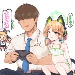  1boy 2girls animal_ear_headphones animal_ears blonde_hair blue_archive blue_bow blue_necktie bow bra brown_hair cat_ear_headphones collared_shirt controller fake_animal_ears fake_tail game_controller green_eyes hair_bow halo headphones highres holding holding_controller holding_game_controller midori_(blue_archive) momoi_(blue_archive) multiple_girls navel necktie open_mouth panties polka_dot polka_dot_bra polka_dot_panties ro_(aahnn) sensei_(blue_archive) shirt sitting speech_bubble tail translation_request underwear white_background white_shirt 