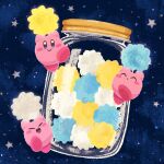  blue_eyes blush_stickers candy closed_eyes closed_mouth food food_focus highres jar kirby kirby_(series) konpeitou looking_at_viewer miclot night night_sky no_humans open_mouth sky smile star_(symbol) 