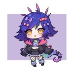  1girl :3 :d alternate_costume artist_name bandaid_hair_ornament black_jacket black_skirt blue_bow blue_hair blush bow chibi collarbone dokumi fishnet_pantyhose fishnets frilled_skirt frills full_body hair_bow jacket league_of_legends lizard_tail medium_hair multiple_hair_bows neeko_(league_of_legends) open_clothes open_jacket open_mouth orange_eyes pantyhose pink_background pink_bow pink_hair pink_jacket shoes skirt smile solo tail two-sided_fabric two-sided_jacket white_background 