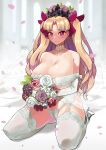  1girl absurdres adapted_costume alternate_breast_size alternate_costume bare_shoulders blonde_hair bouquet breasts bridal_veil bride closed_mouth collarbone commentary detached_collar english_commentary ereshkigal_(fate) falling_petals fate/grand_order fate_(series) flower grey_footwear hair_flower hair_ornament high_heels highres holding holding_bouquet huge_breasts jewelry kneeling long_hair looking_at_viewer monkey_jon necklace panties parted_bangs petals purple_flower purple_rose red_eyes red_flower red_rose rose see-through solo thighhighs tiara two_side_up underwear veil white_flower white_panties white_rose white_thighhighs 