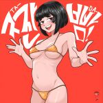  1girl absurdres bikini black_eyes black_hair blunt_bangs breasts covered_nipples double_biub fang gold_bikini hands_up highres looking_at_viewer medium_breasts navel open_mouth original short_hair solo swimsuit thick_eyebrows 