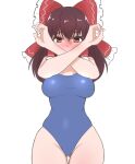  1girl alternate_costume arms_up ass_visible_through_thighs blue_one-piece_swimsuit blush bow breasts brown_eyes brown_hair commentary_request covered_navel covering_mouth cowboy_shot crossed_wrists embarrassed frills furrowed_brow groin hair_between_eyes hair_bow hair_tubes hakurei_reimu hands_up long_hair looking_at_viewer medium_breasts nose_blush one-piece_swimsuit red_eyes solo straight-on swimsuit thigh_gap touhou vanishingknife 