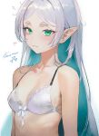  1girl :3 bare_shoulders blush bow bow_bra bra breasts character_name cleavage collarbone colored_inner_hair duplicate elf frieren green_eyes grey_hair halftone highres lace-trimmed_bra lace_trim long_hair looking_at_viewer multicolored_hair parted_bangs pixel-perfect_duplicate pointy_ears salmon88 short_eyebrows small_breasts smile solo sousou_no_frieren thick_eyebrows underwear upper_body white_bra 