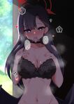  1girl ? ahoge black_bra black_choker black_hair black_wings blue_archive blush bra breasts choker closed_mouth collarbone condom condom_wrapper grey_eyes hair_ornament hairclip halo heart heart-shaped_pupils highres ichika_(blue_archive) large_breasts long_hair looking_at_viewer low_wings mamiyahara_hitoshige mouth_hold navel red_halo solo symbol-shaped_pupils underwear upper_body wings 
