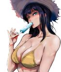 1girl bikini black_hair blue_eyes blue_nails breasts cleavage collarbone eating food_in_mouth hat highres ice_cream_bar large_breasts long_hair long_nose looking_at_viewer melting mixed-language_commentary nico_robin one_piece popsicle_in_mouth solo straw_hat swimsuit upper_body vcais white_background yellow_bikini 