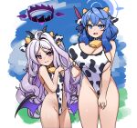  2girls ahoge ako_(blue_archive) animal_ears animal_print bell blue_archive blue_eyes blue_hair blush breasts cow_ears cow_horns cow_print cowbell demon_horns demon_wings ear_tag earrings flat_chest hair_ornament hairclip halo highleg highleg_swimsuit highres hina_(blue_archive) horns igonik jewelry large_breasts long_hair multiple_girls one-piece_swimsuit purple_eyes stud_earrings sweatdrop swimsuit wavy_hair white_hair wings 