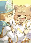  2boys bear_boy blonde_hair blue_headwear brown_fur child clapping closed_eyes commentary commentary_request crave_saga hiratai_tori jewelry male_child male_focus multiple_boys nine_(crave_saga) playing ring short_hair smile upper_body 