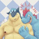  &lt;3 anthro bite duo fangs feraligatr generation_2_pokemon hand_on_head hi_res male male/male male_anthro nintendo ordinarysstar pokemon pokemon_(species) teeth typhlosion 