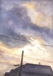  building cloud cloudy_sky day highres no_humans original painting_(medium) power_lines scenery sky tlctm7h8wdwnthx traditional_media utility_pole watercolor_(medium) 