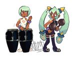  2girls bare_shoulders bracelet closed_mouth conga_drums dark-skinned_female dark_skin full_body green_hair holding holding_instrument instrument jewelry long_hair maracas mega_man_(series) mega_man_legends mega_man_legends_2 multiple_girls music noeggets playing_instrument red_eyes sera_(mega_man) short_hair smile standing thighhighs twintails yuna_(mega_man) 