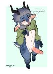  &lt;3 2023 anthro antlers azul_alexander balls blue_body blue_fur blush clothed clothing clothing_lift cloven_hooves deer dialogue digital_media_(artwork) english_text eyebrows fur genitals grey_hair hair hi_res hooves horn long_sleeve_shirt looking_at_viewer male mammal nipples one_eye_closed penis ponytail purple_eyes scar shirt shirt_lift solo speech_bubble standing text thericegoat topwear white_body white_fur wink winking_at_viewer 