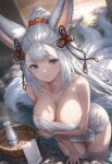 1girl absurdres animal_ears artist_request bath blue_eyes breasts bucket cleavage commentary erune fox_ears fox_tail granblue_fantasy hair_ornament highres large_breasts looking_at_viewer naked_towel smile societte_(granblue_fantasy) tail towel white_hair 