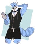  &lt;3 after_exercise anatomically_correct anthro armpit_hair athletic athletic_male beard biceps black_markings black_nose blep blue_body blue_eyes blue_fur blush bodily_fluids body_hair bottle bottomwear breath canid canine canis chest_tuft claws clothed clothing collar container dante_(darkcry01) eyebrows facial_hair fur gym gym_clothing hair head_tuft hi_res hybrid inner_ear_fluff jnkyrd male mammal markings procyonid raccoon shorts simple_background sleeveless_hoodie solo sweat tail tail_motion tailwag teeth teeth_showing tongue tongue_out tuft water_bottle white_body white_fur wolf 