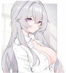  1girl absurdres breasts bronya_zaychik bronya_zaychik_(silverwing:_n-ex) closed_mouth collared_shirt error1980 from_side grey_eyes grey_hair hair_between_eyes highres honkai_(series) honkai_impact_3rd large_breasts long_hair looking_at_viewer looking_to_the_side partially_unbuttoned red_pupils shirt solo upper_body white_shirt 