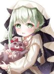  1girl aged_down blush cecilia_(shiro_seijo_to_kuro_bokushi) child english_commentary green_eyes green_hair highres holding holding_stuffed_toy kouu_(pixiv52748032) long_sleeves looking_at_viewer open_mouth shiro_seijo_to_kuro_bokushi solo stuffed_animal stuffed_toy teddy_bear upper_body 