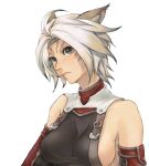  1girl absurdres animal_ear_fluff animal_ears avatar_(ff11) bare_shoulders blue_eyes blue_headband breasts cactus41747280 cat_ears cat_girl closed_mouth facial_mark final_fantasy final_fantasy_xi frown hair_intakes headband highres medium_breasts mithra_(ff11) no_bra no_eyebrows pink_pupils scorpion_harness sideboob simple_background solo upper_body whisker_markings white_background white_hair 