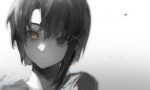  1girl asymmetrical_hair brown_eyes closed_mouth expressionless greyscale hair_ornament hairclip iwakura_lain looking_at_viewer monochrome serial_experiments_lain short_hair single_sidelock solo spot_color upper_body watanabe_kawa x_hair_ornament 