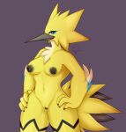  anthro avian beak black_nipples breasts chest_tuft deluxl female galarian_form galarian_zapdos genitals hands_on_hips hi_res legendary_pokemon nintendo nipples non-mammal_breasts non-mammal_nipples nude pokemon pokemon_(species) pussy regional_form_(pokemon) simple_background solo standing tail tuft yellow_body 