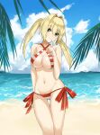 1girl arm_at_side ass_visible_through_thighs beach bikini blonde_hair blue_sky breasts closed_mouth cloud day english_commentary fate/grand_order fate_(series) green_eyes hair_intakes hand_up head_tilt index_finger_raised j@ck large_breasts long_hair navel nero_claudius_(fate) nero_claudius_(swimsuit_caster)_(fate) nero_claudius_(swimsuit_caster)_(third_ascension)_(fate) ocean official_alternate_costume official_alternate_hairstyle outdoors red_bikini side-tie_bikini_bottom sky smile solo stomach striped striped_bikini swimsuit thigh_gap thighs twintails 