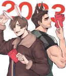  2023 2boys animal_ears black_hair black_shirt brown_hair brown_jacket chris_redfield closed_mouth facial_hair green_shirt highres hirusuhi holding holding_letter jacket leon_s._kennedy letter male_focus multiple_boys muscular muscular_male open_clothes open_jacket open_mouth rabbit_boy rabbit_ears resident_evil resident_evil_4 resident_evil_4_(remake) resident_evil_5 shirt short_hair smile upper_body 