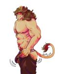  anthro breasts bulge clothing digital_media_(artwork) erection felid hair hi_res lion male mammal muscular muscular_male nipples pantherine pecs puffer_puff simple_background solo 